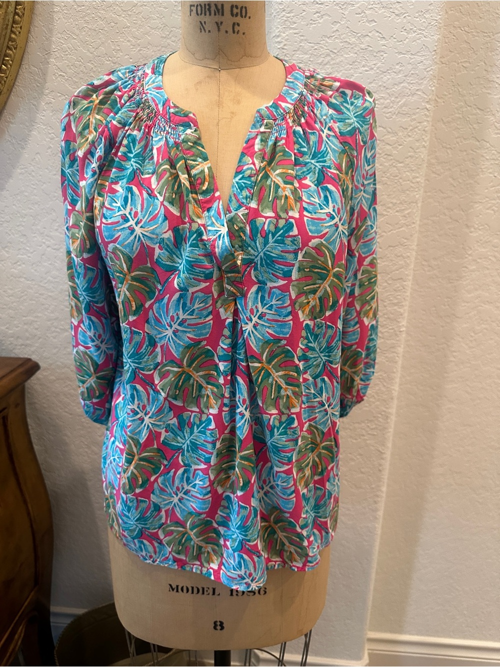 crown & ivy Tropical Leaf Print Blouse - Pink, Teal & Green
